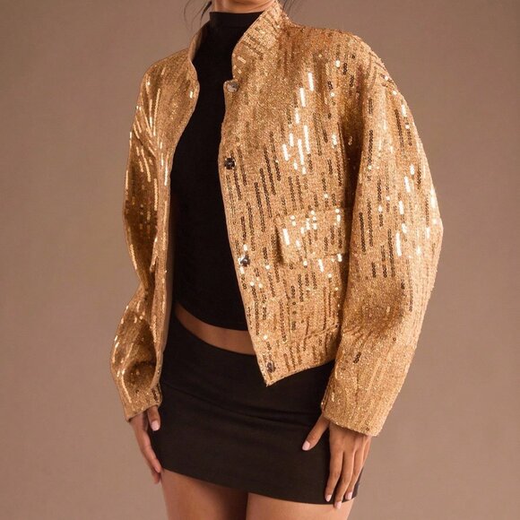 Gold Elegant Women's Embroidered Sequin Office Jacket - Picture 1 of 7